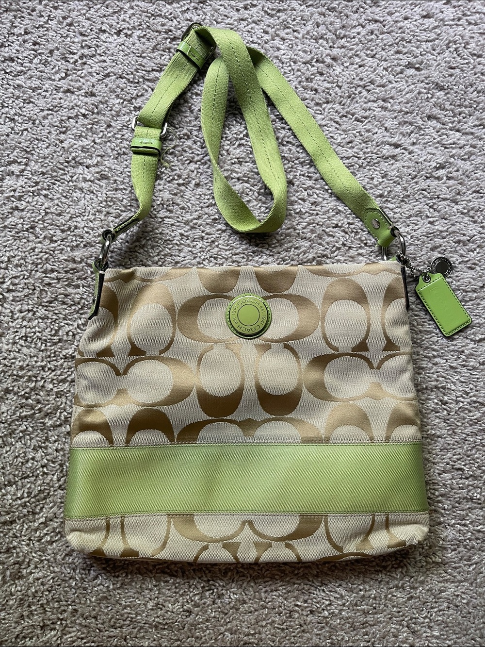 Coach Signature Canvas Crossbody in Lime Green and Beige